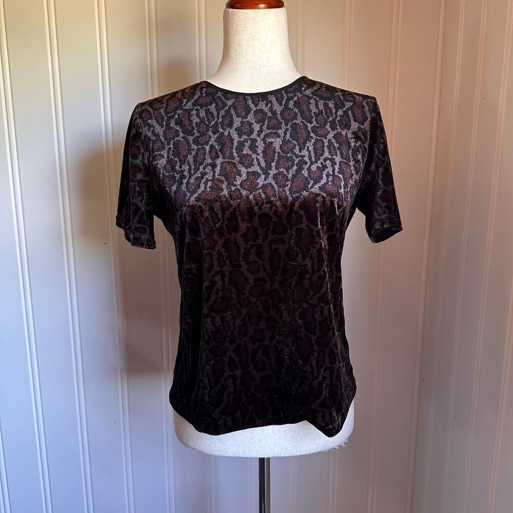 Vintage 90s/Y2K Brown Velvet Leopard Top M